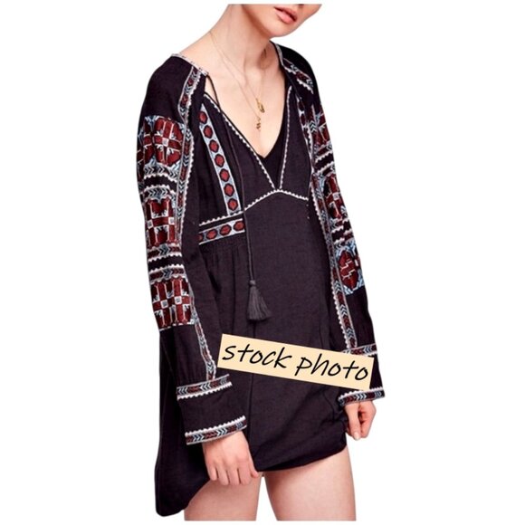 Free People All My Life Embroidered Mini Dress Sz L Black BOHO Western Festival - Picture 1 of 11
